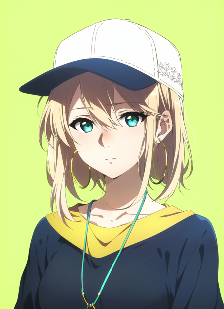 3978529433-280641734-violet evergarden , masterpiece, best quality, 1girl, aqua eyes, baseball cap, blonde hair, closed mouth, earrings, green backgr.png